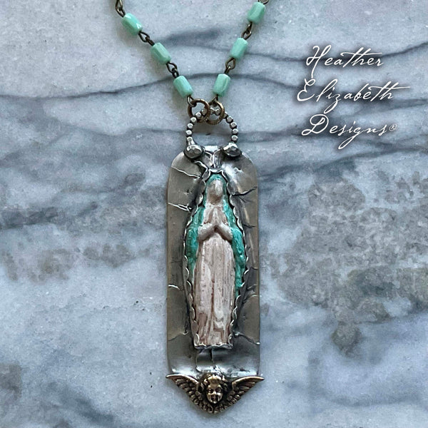 Blessed Mother Pocket Shrine Necklace w/Cherub
